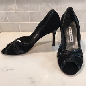 Manolo Blahnik Black Suede Peep toe pumps with black patent leather detail